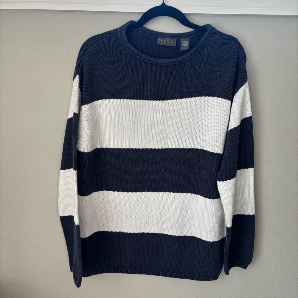 Relativity Navy & Off White Wide Stripe Cotton Sweater |‎ Size L